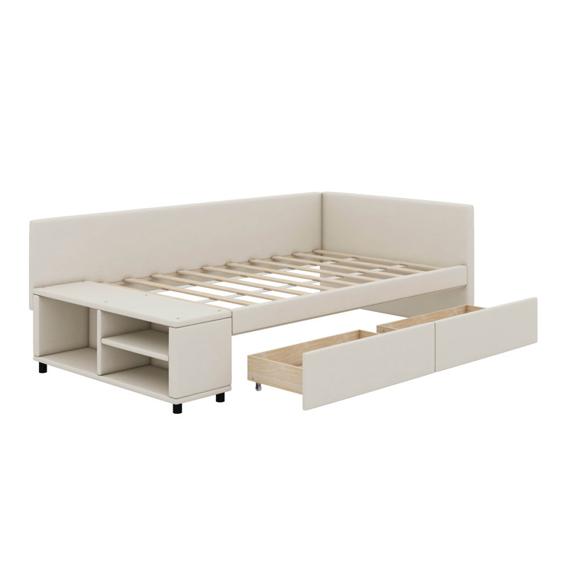 Lit plateforme simple tapissier en forme de L avec tiroirs, Beige