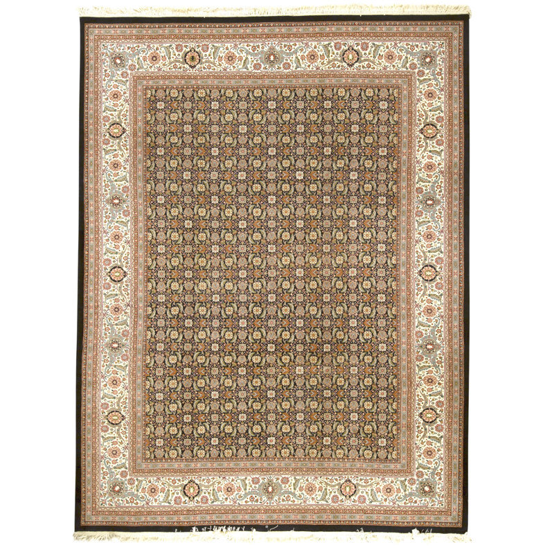Tapis noir et ivoire de haute qualité noué à la main