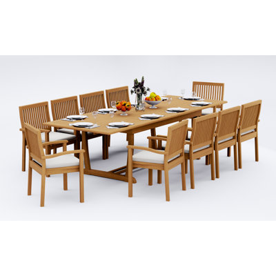 9 Pcs Grade-A Teak Wood Dining Set: 118" Double Extension Mas Rectangle Trestle Leg Table And 8 Leveb Stacking Arm Chairs #11LV2508