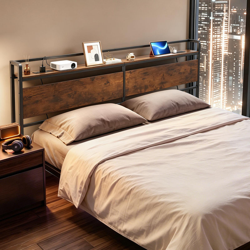 Headboard for King Size Bed, with Storage Shelf, 2 Outlets, 1 USB and 1 Type-C Port, Sturdy and Stable Carbon Steel Frame Head Board with Charging Station, Adjustable Height, Black and Brown