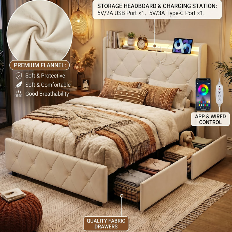 Smart Velvet Bed Frame with LED Charging Headboard, Tufted Upholstered Frame with Storage Drawers, Grey/Beige in Multiple Size (EU Single, Double & King)