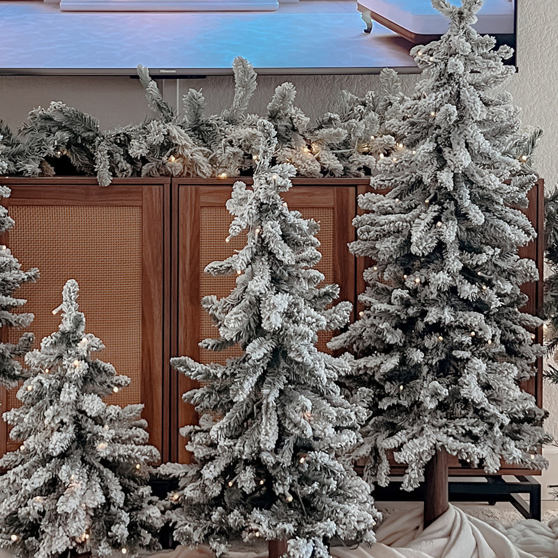 Ensemble de 3 arbres de Noël alpin enneigé avec troncs en bois véritable - tailles de 2, 3 et 4 pieds