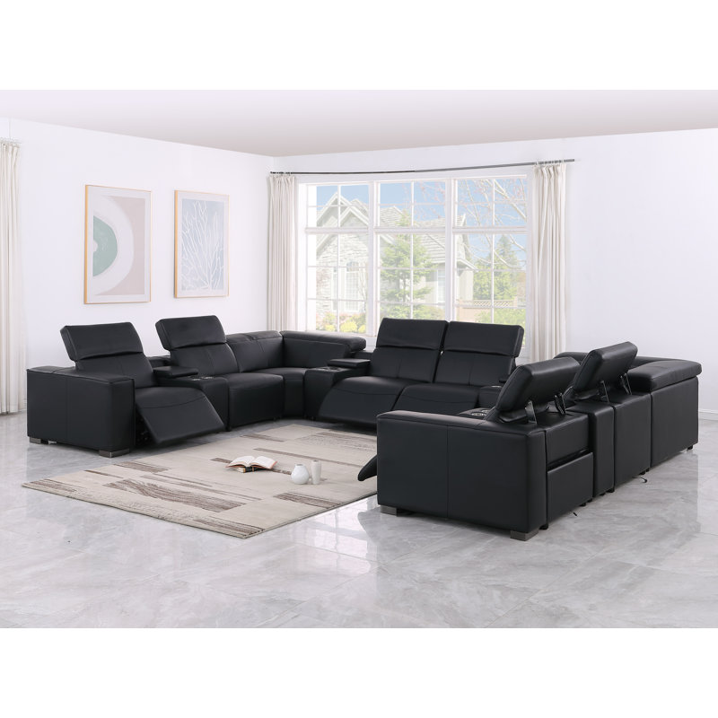 Glendale Luxurious 12-Piece U-Sectional In Genuine Leather With 4 Power Recliners And Power Headrests, Black