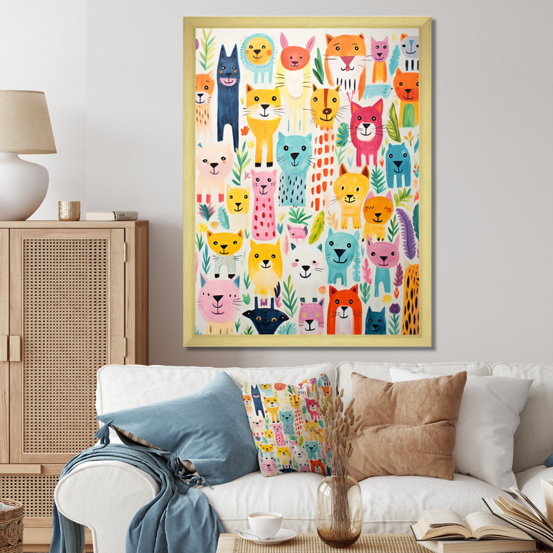 Pépinière, motif animalier coloré I - Art mural de chambre de bébé, Encadrement doré, H 32 po x l 24 po x P 1 po