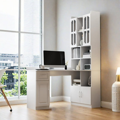 L-shaped Corner Computer Desk For Home Office Or Study Desk, Study Modern Style Table With Drawers, Bookshelf & Hutch