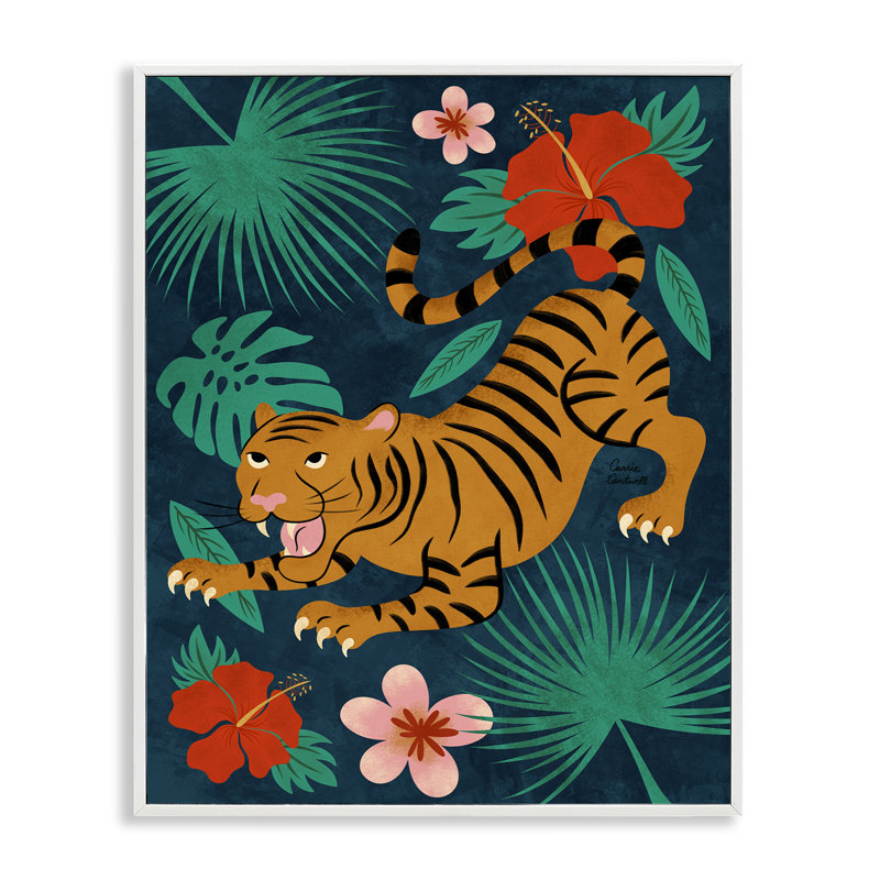  «Tigre accroupi», art giclée par Carrie Cantwell, H 14 po x l 11 po, Estampe numérique encadrée blanc bord de mer