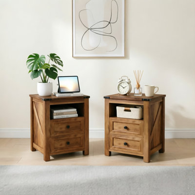 Table de chevet rustique de 18 pouces avec station de charge, 2 tiroirs de rangement et tablette ouverte