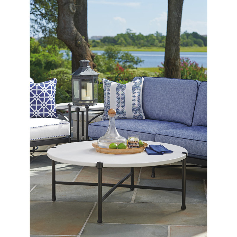 Pavlova Transitional 44" Black Round Coffee Table with Limestone Top