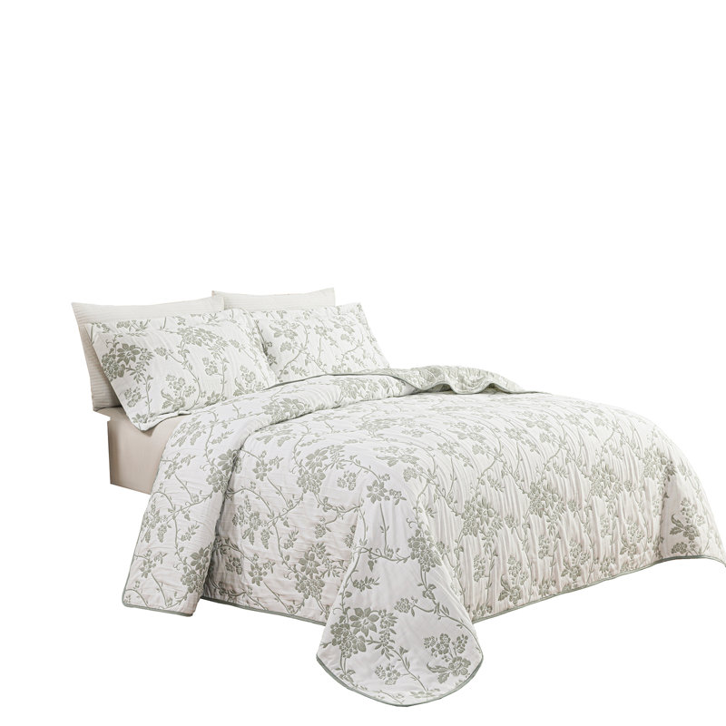 Queen Green Floral Jacquard Embroidered Quilt Set