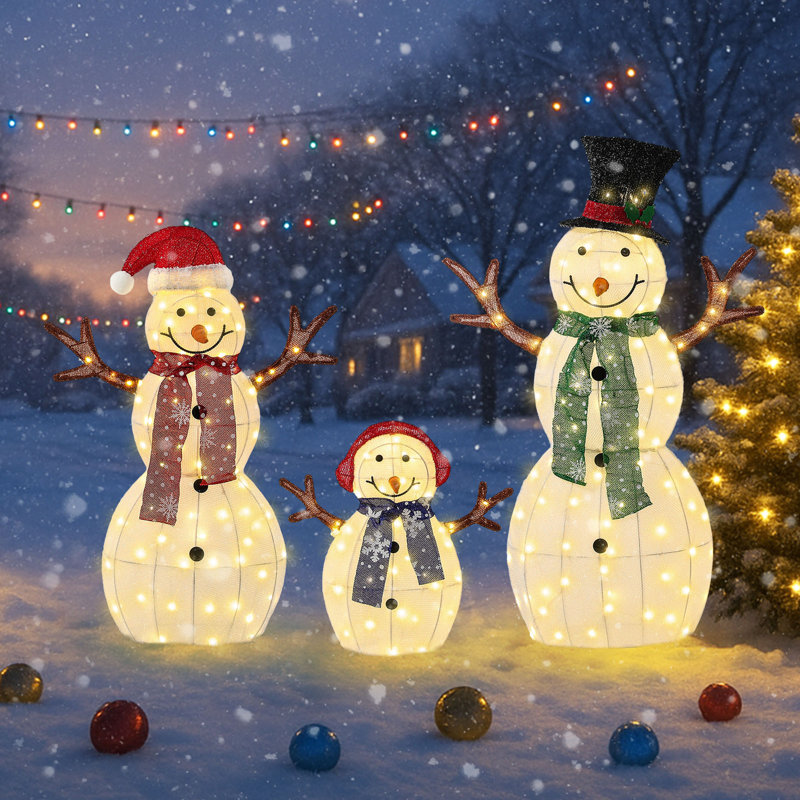Décorations de Noël bonhomme de neige scintillantes en tissu, bonhomme de neige illuminé 3D avec 200 lumières DEL et attaches à fermeture éclair