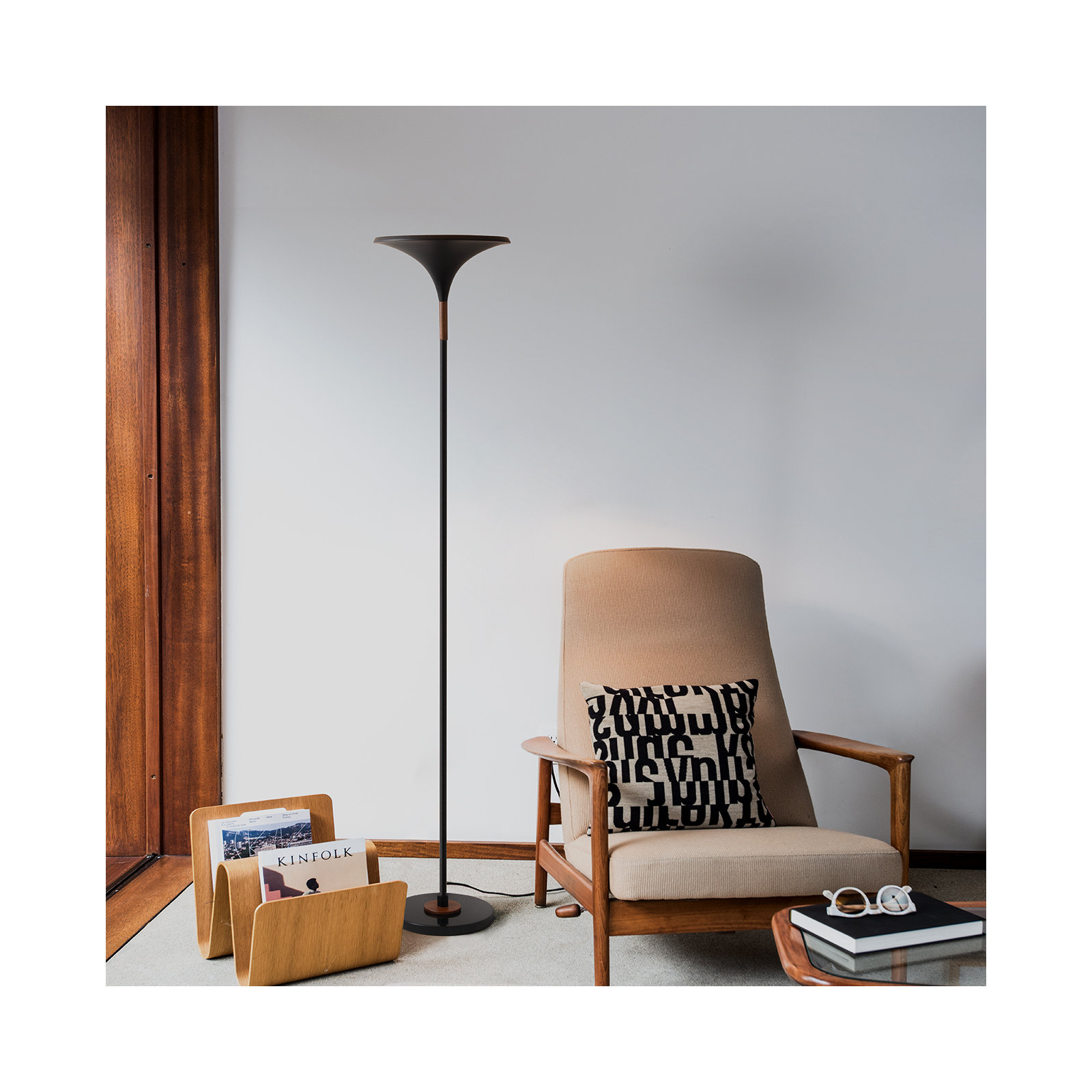 Lodi Torchiere Floor Lamp - Matte Black, Hammered Gold Leaf Shade, Walnut, Marble Base, Foot Dimmer