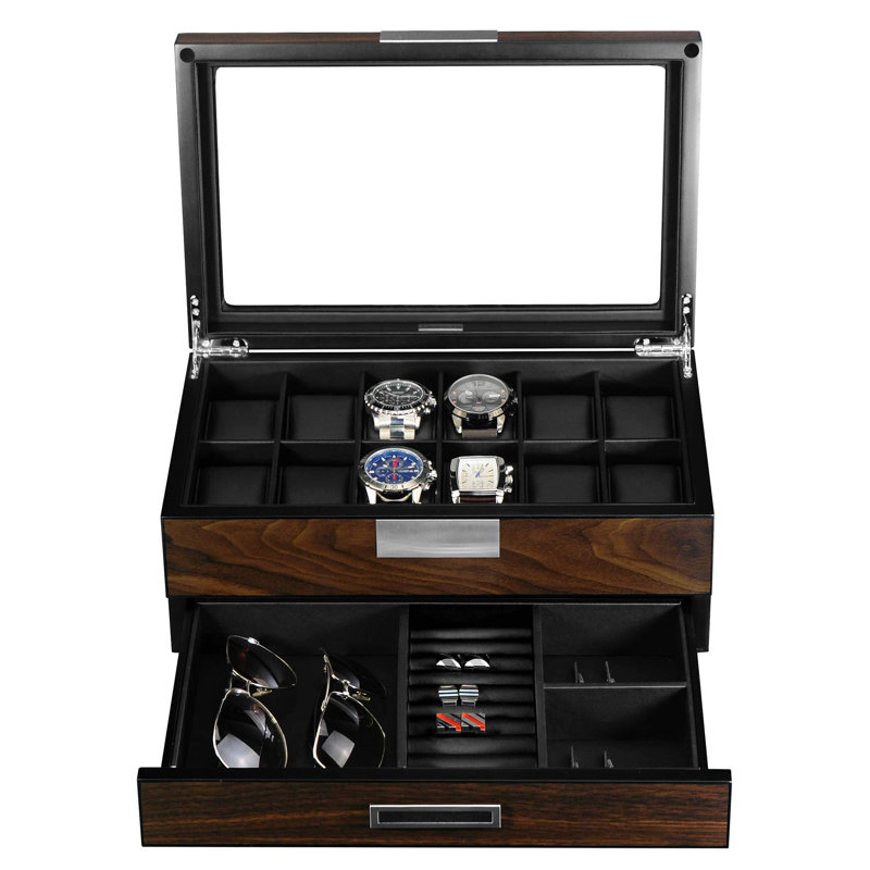 Présentoir à montre à 12 fentes, grande montre, organisateur d'accessoires avec fenêtre en verre véritable