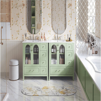 Armoire de salle de bain 72 po avec portes texturées gaufrées, grand meuble-lavabo avec huit tiroirs, quatre portes à fermeture en douceur et comptoir double, rangement de salle de bain avec portes en verre