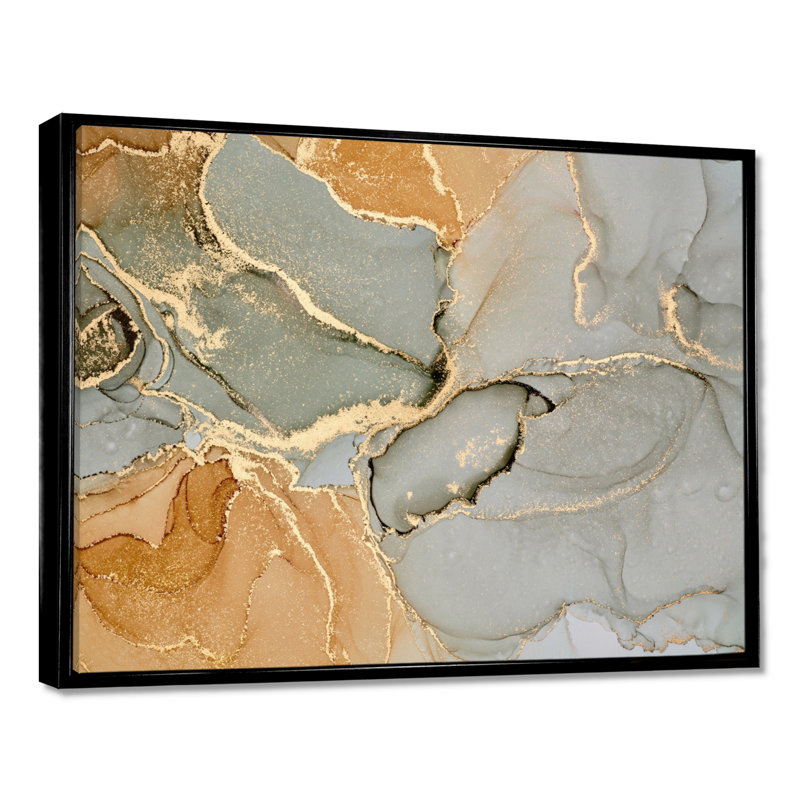 «Brown Luxury Abstract Fluid IV», peinture sur toile, H 30 po x l 40 po, Reproduction avec cadre flottant, Noir
