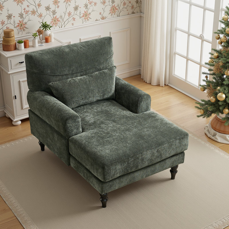 Wide Chaise Lounge Chair with Backrest & Armrest, Upholstered Recliner Sofa, Green