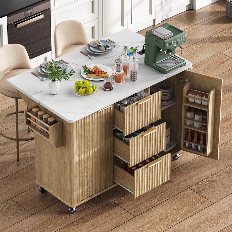 Latitude Run® 55.5" Fluted Kitchen Island With Drop Leaf, Power Outlet ...