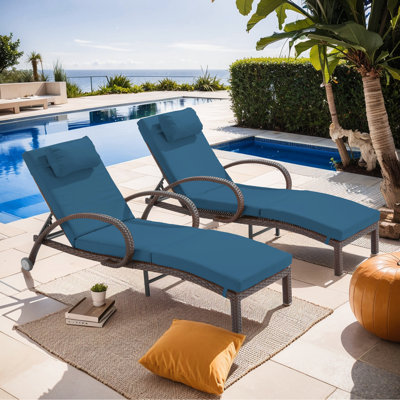 Outdoor Lounge Chairs Set Of 2,Adjustable 5-Position Outdoor Chaise Lounge With Armrests & Wheels For Poolside, Backyard, Deck