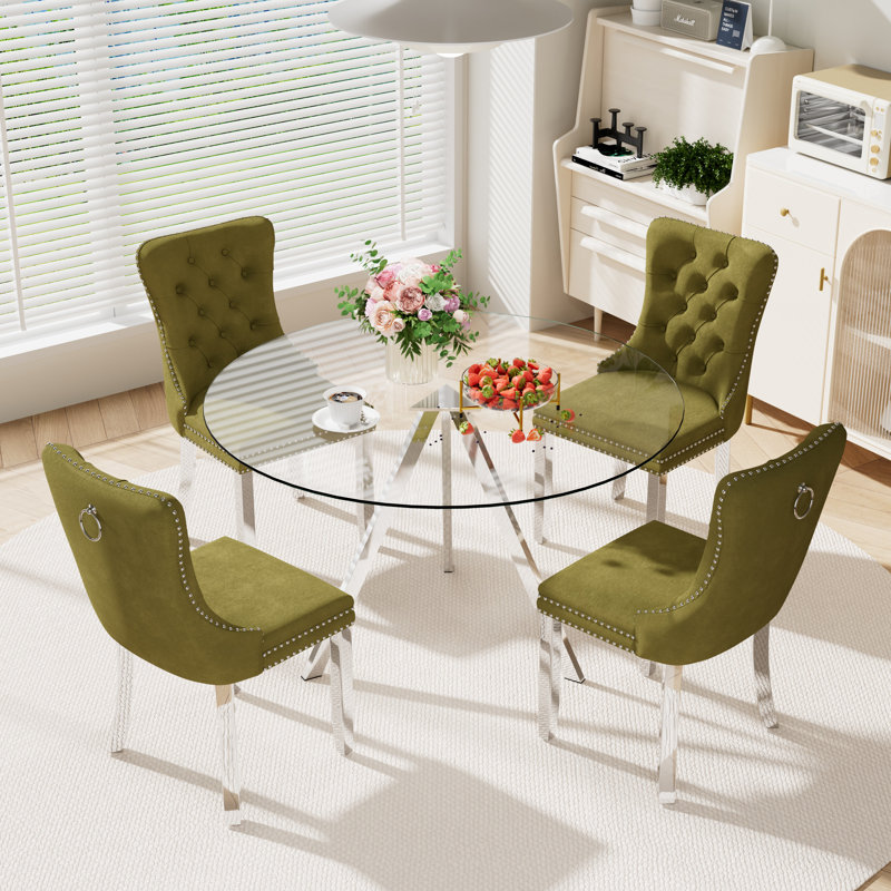 Round Dining Table Set for 4, Olive Green, 30" H x 47" W x 47" D