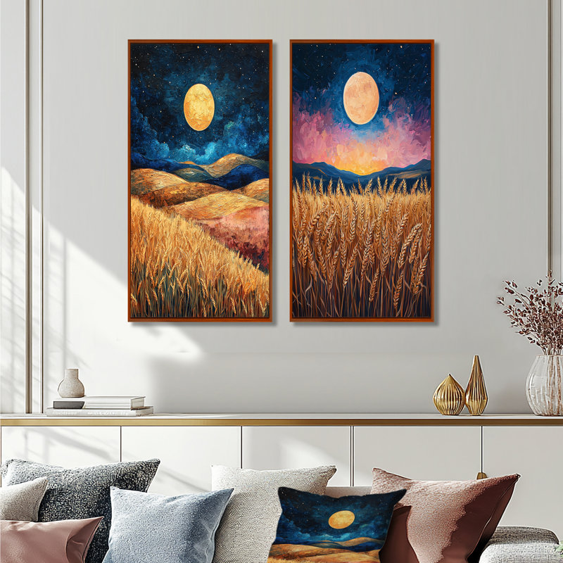 Paysage de ferme jaune et bleu, récolte de lune I - ensemble d'art mural de ferme 2 pièces, H 28 po x l 24 po, Brun