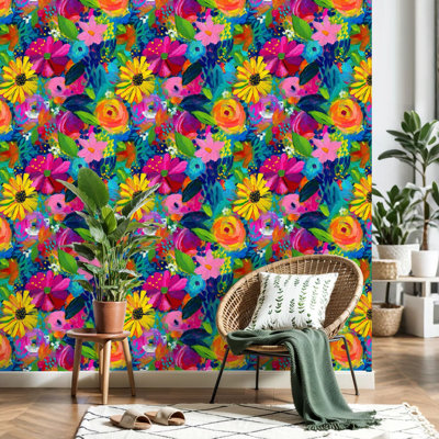 Peel and Stick Wallpaper Vibrant Abstract Floral Painting Colorful Blossoms Blue Contact Paper Removable Self Adhesive Wall Mural Wall Decor for Bedroom Kitchen Cabinets 118in