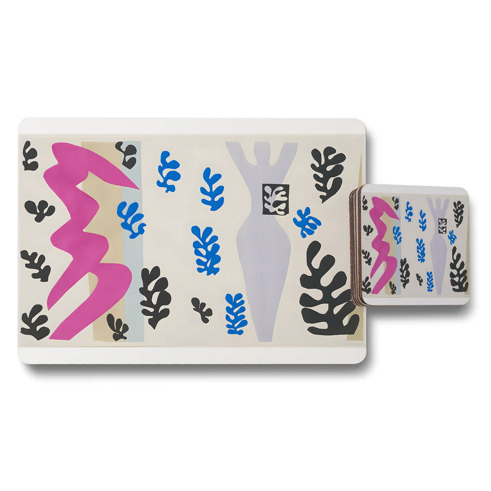 Abstract Placemat And Coaster Set With Colorful Botanical Motifs