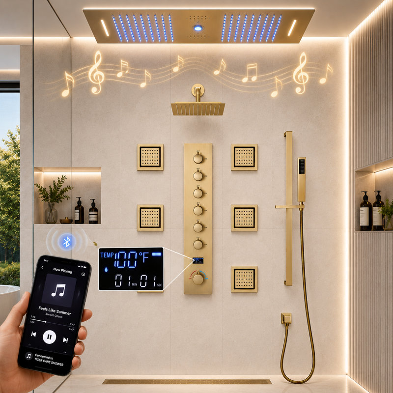 Complete Shower System with Rough in-Valve, Brushed Gold