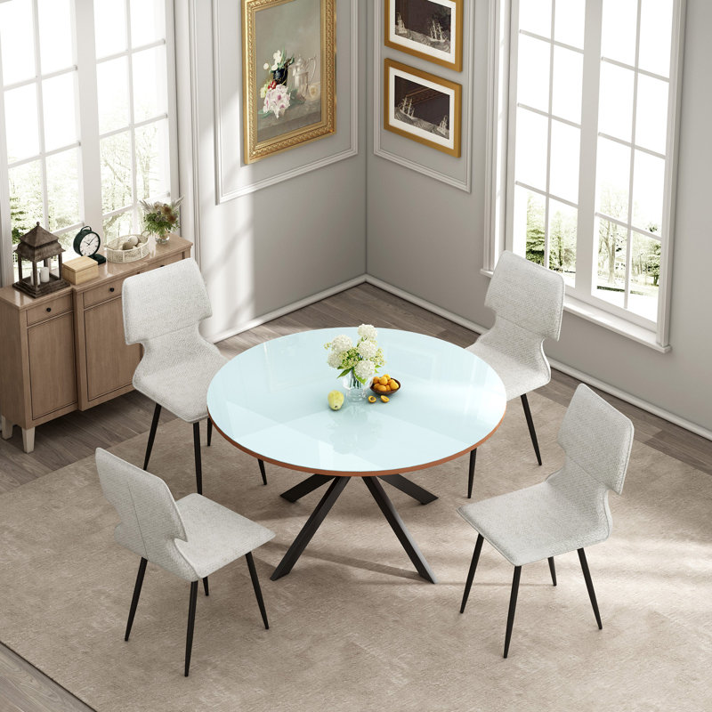 47.2” Round Dining Set With Glass Top Metal Base And 4 Gray Fabric Chairs For Kitchen Dining Living Room
