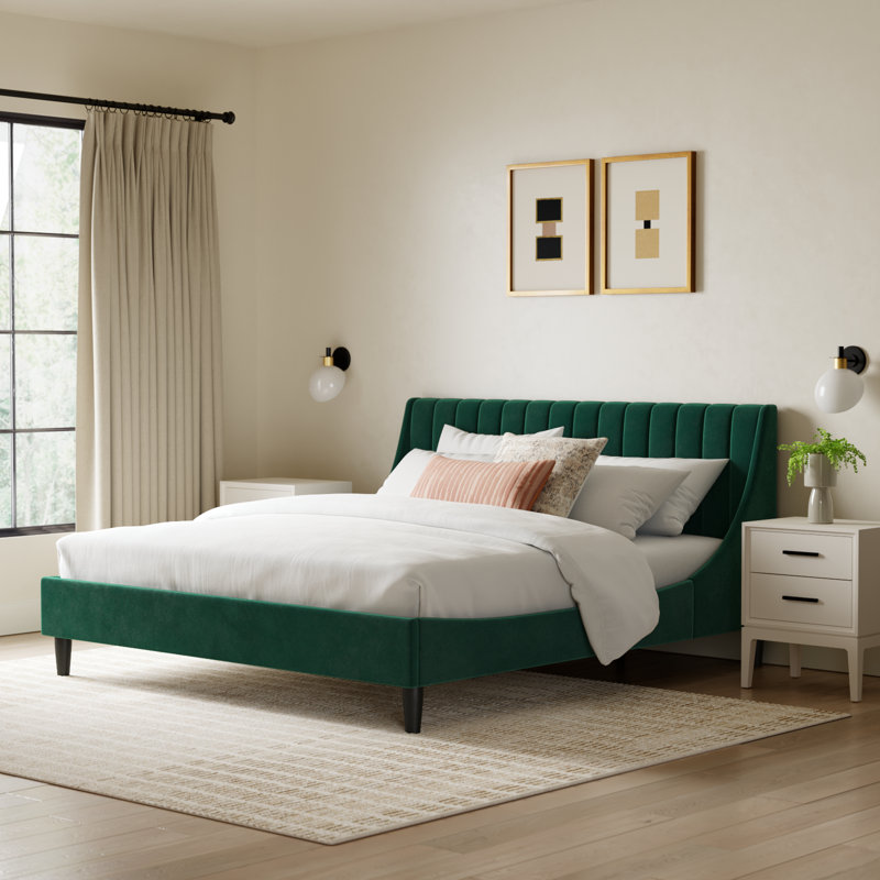 Helaina Upholstered Wingback Bed, Evergreen Velvet, King