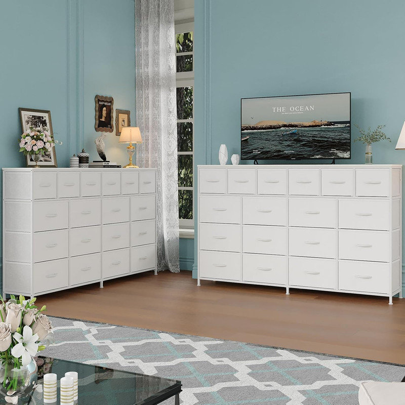 63"W Dresser with 18 Fabric Drawers , Large Storage with Steel Frame & Wood Top, White