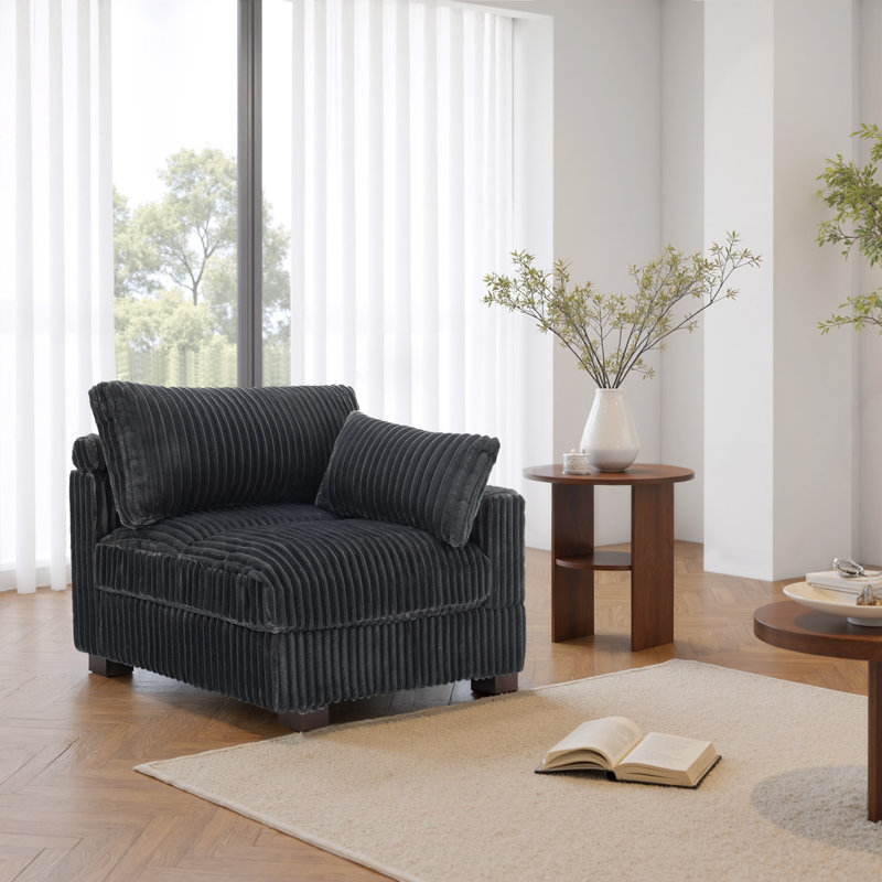 Upholstered Faux Rabbit Fur Flannel Armchair with Pillow Back, One Arm Single Chair Module Part For Sectional Sofa, Grey