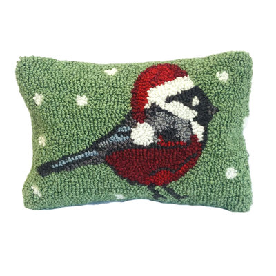 Chickadee Santa Green Pillow