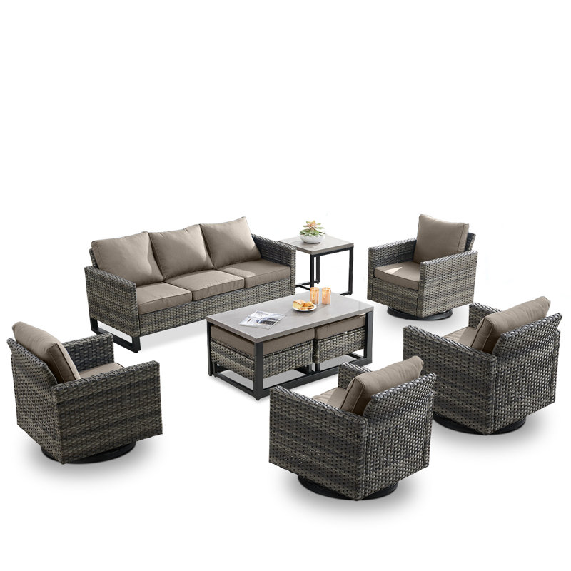 Nazime Wicker 7 - Person Patio Conversation Set with Cushions, Gray