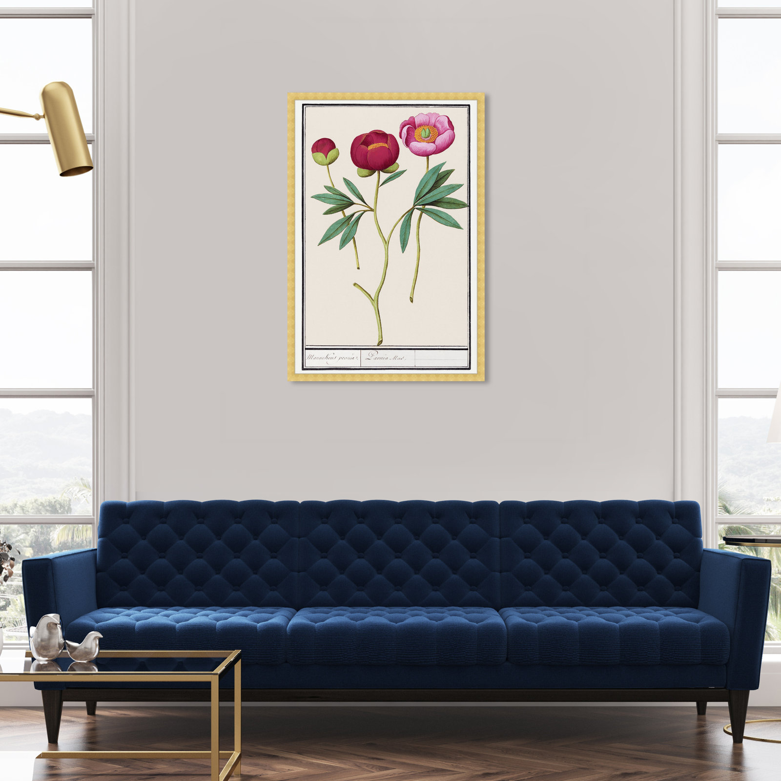 Red and Pink Peony Botanical Study Print, Gold, 38" H x 26" W