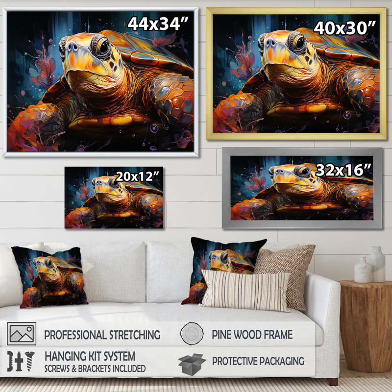 Représentation pop art d'une tortue, H 16 po x l 32 po x P 1 po, Cadre simple noir