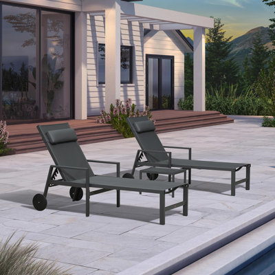 Patio Lounge Chair Set Of 3 Outdoor Chaise Lounger Aluminum Frame With Armrest Side Table And Wheels by Latitude Run