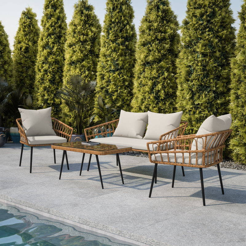 All-Weather 4 Piece Rope Rattan Patio Seating Set With Cushions, Gray