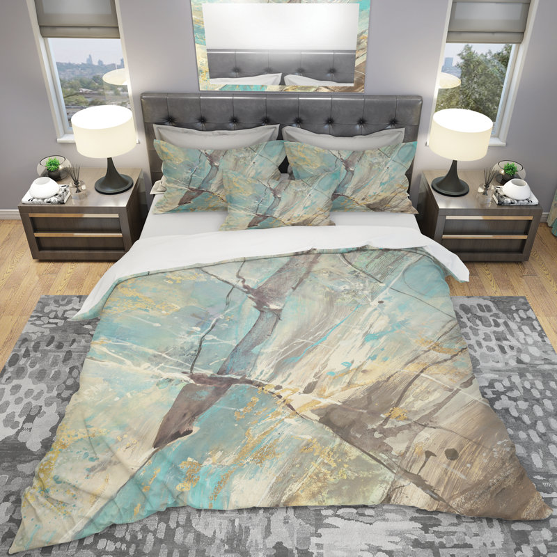 Paysage minéral en bleu, crème et brun - Ensemble de housse de couette nautique - Polyester en microfibre