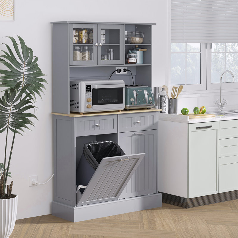 Kitchen Pantry Storage Cabinet With Charging Station, 2 Tilt Out Trash Cabinets And Microwave Stand, Freestanding Kitchen Hutch With Glass Doors And Adjustable Shelf