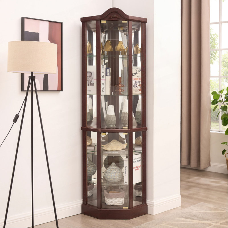 Vitrine d'angle vitrée lumineuse avec tablettes réglables, Brun
