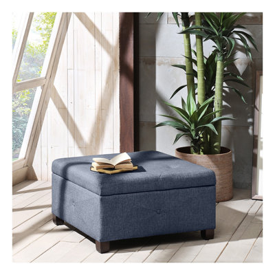 Repose-pieds de rangement bleu en polyester avec couvercle à fermeture en douceur et pieds en bois massif