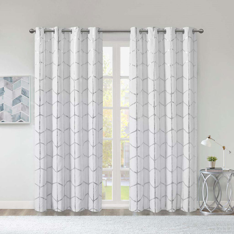 Total Blackout Metallic Print Grommet Top Curtain Panel(Only 1 Pc Panel) , White, 50" W x 84" H
