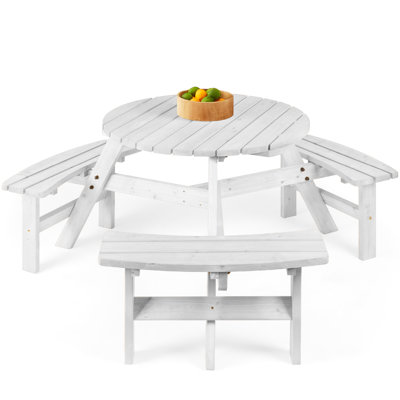  Table de pique-nique circulaire en bois pour 6 personnes avec 3 bancs intégrés, capacité de 500 lb - Blanc