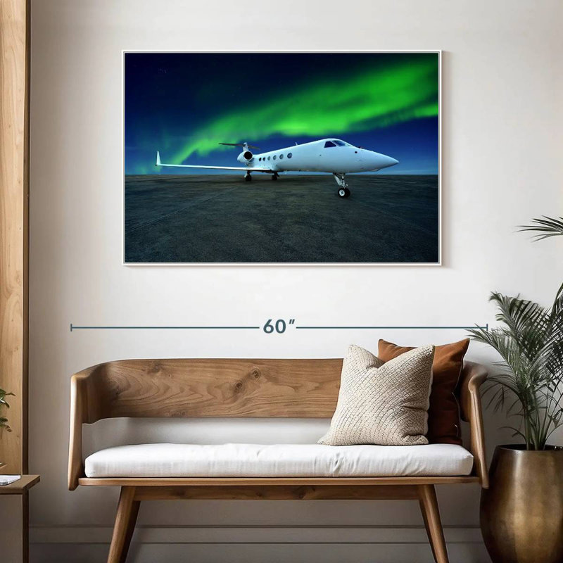 Northern Lights Airplane, 46" X 31", Floating Frame White
