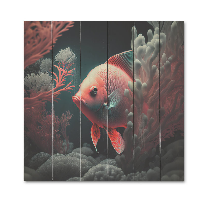 Poisson tropical Richvale dans des tons de rouge et de bleu I - impression, L 16 po x H 16 po x P 1 po, Bois