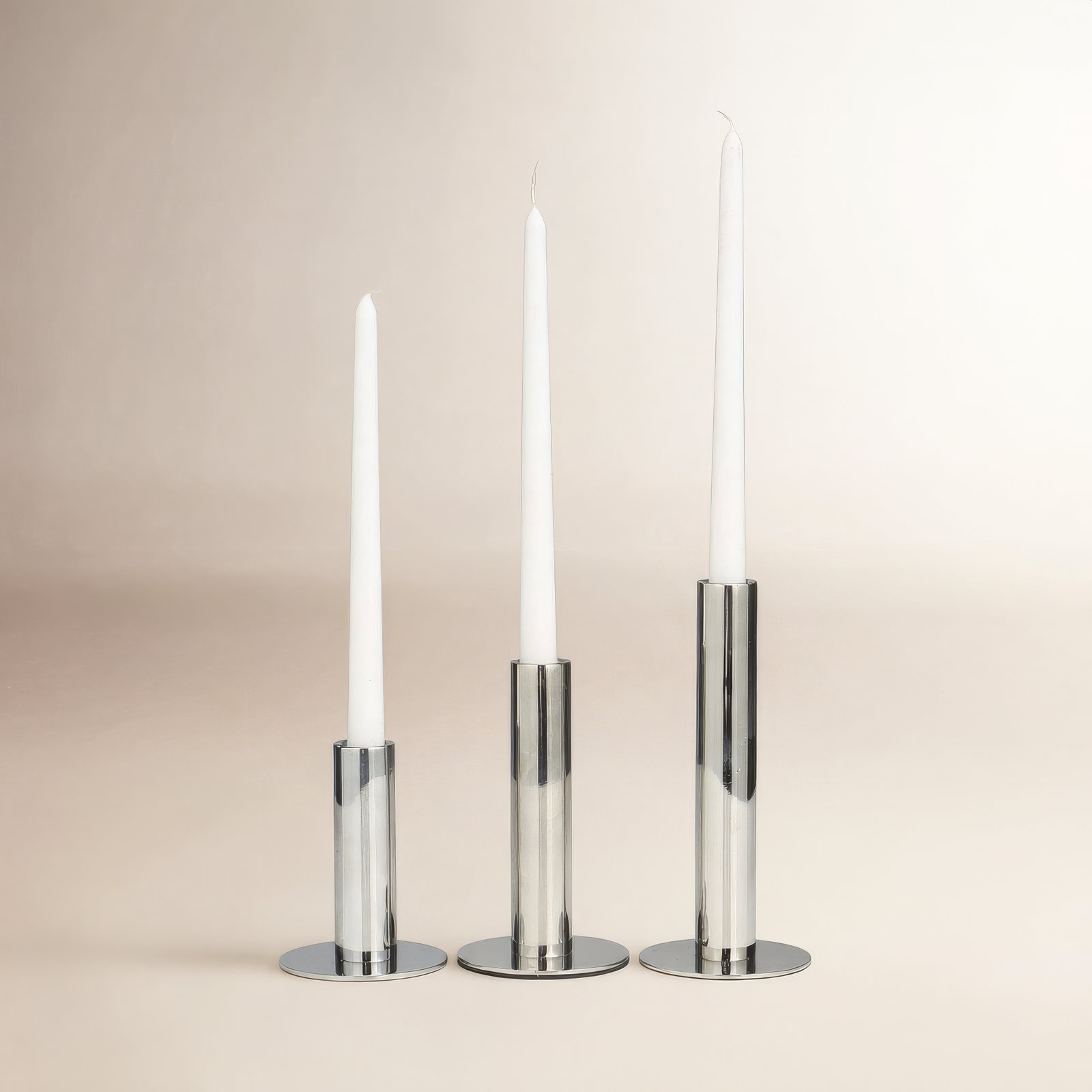 Kage 3-Piece Stainless Steel Candlestick Set, Polished Silver
