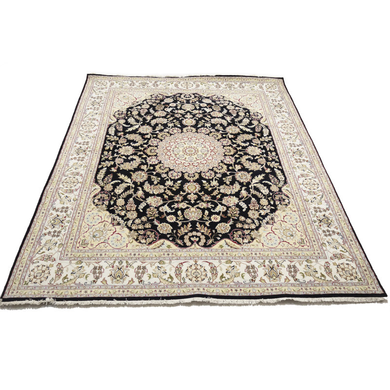 Tapis noir traditionnel indien à motif floral noir 8 x 10, Rectangulaire 8 pi x 10 pi