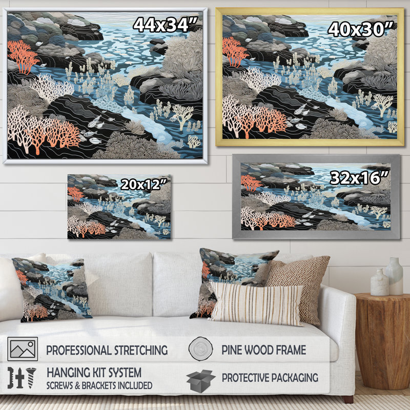 «Black and White Abstract Corals River I», reproduction sur toile, H 30 po x l 40 po x P 1,5 po, Cadre simple argenté