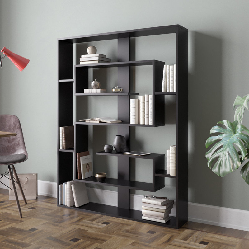 Modern Black Bookshelf with Numerous Shelves, 47.2 x 61.4 x 8.7 inches | 100% Melamine Coated Particle Board, Thickness: 0.7 inches | Wall-Mountable for Extra Stability, Stylish Storage Solution for Home or Office