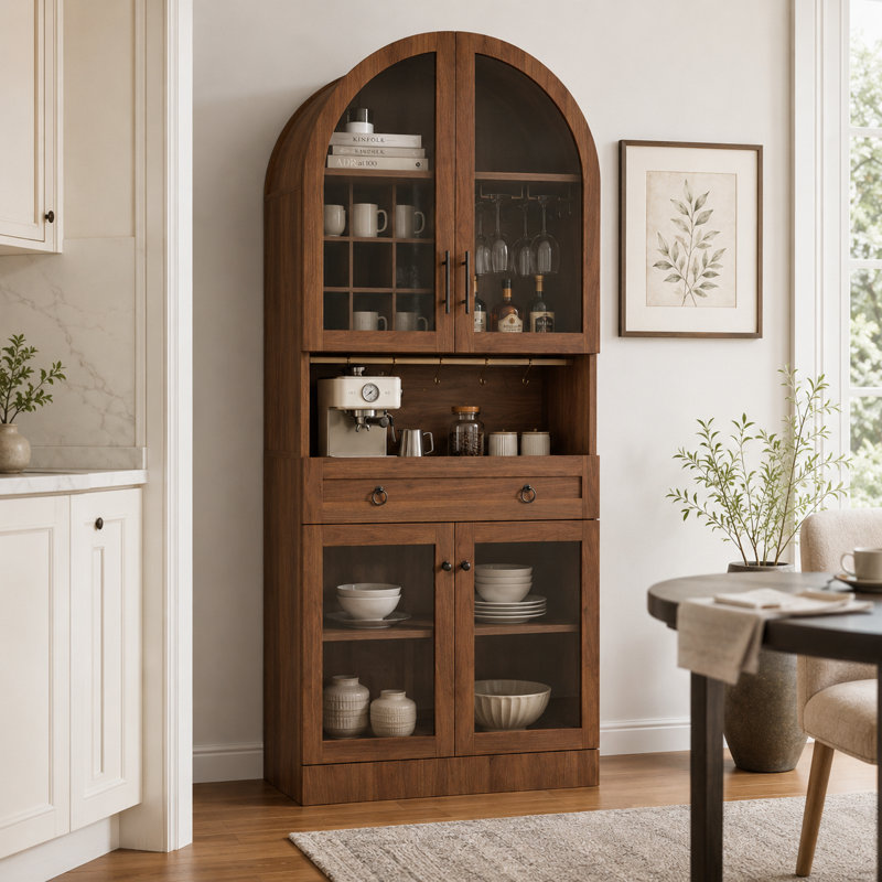 Armoire de bar 70 po de hauteur avec portes en verre trempé, 9 porte-bouteilles, grand tiroir, tablette réglable, porte-verres et armoire à café