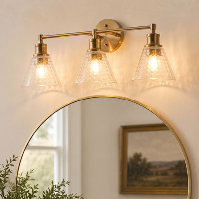 3-Light Modern Bathroom Vanity Light with Textured Glass Shades in Polished Brass